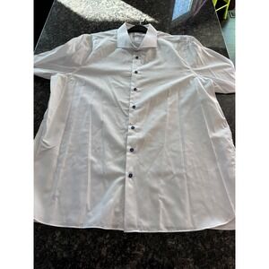 Atelier Munro Men XLWhite Cotton Short Sleeve Dress Shirt Blue Buttons MSHC0000